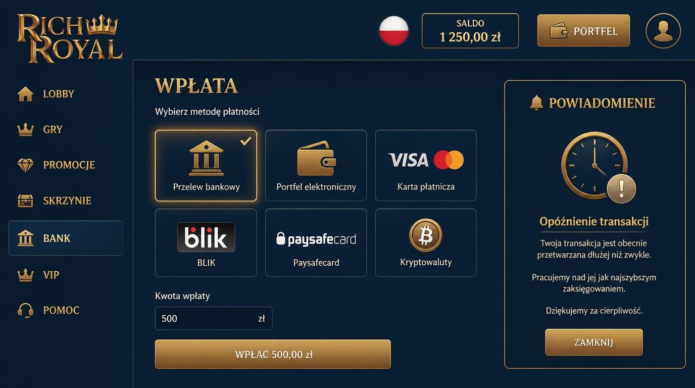 Użytkownik wybiera metodę płatności bankiem i e-portfelem w Rich Royal Casino