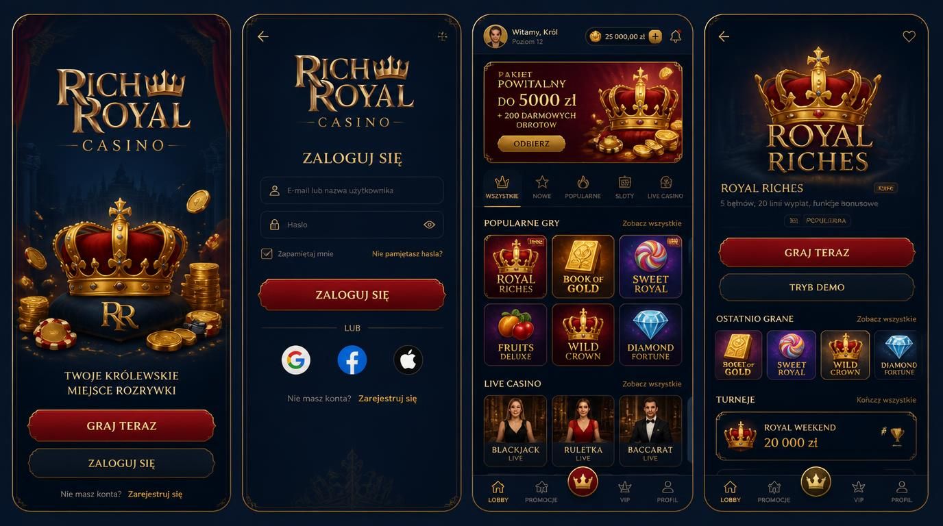 Widok ekranu aplikacji Rich Royal Casino, menu gier i logowanie po polsku