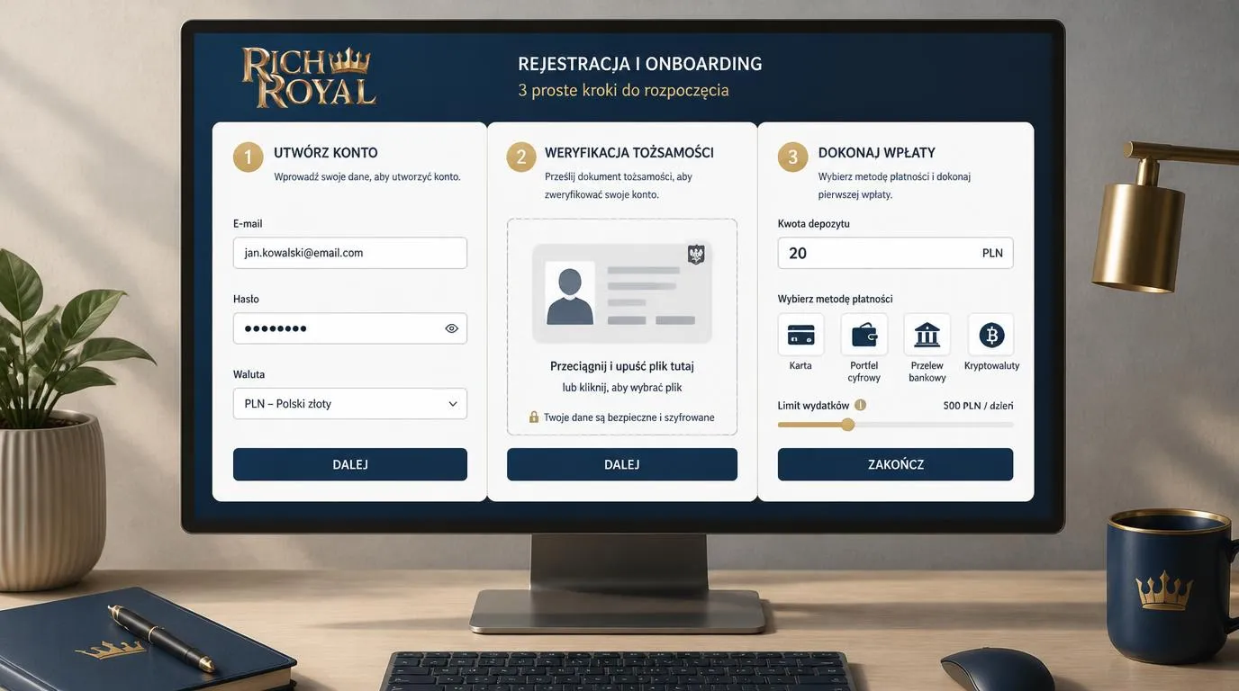 Panel konta kasyna z formularzem rejestracji, weryfikacją dokumentu i wyborem pierwszego depozytu w PLN