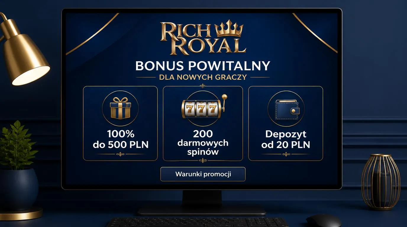 Panel oferty powitalnej z bonusem 100% do 500 PLN, 200 darmowymi spinami i minimalnym depozytem 20 PLN